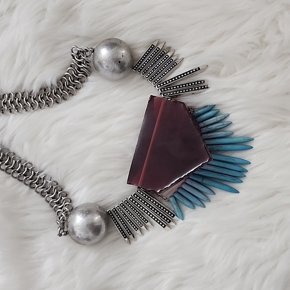 VINTAGE CHUNKY SILVER NECKLACE DIAMOND SHAPE TURQUOISE CHAIN / RARE TURQUOISE - Picture 3 of 4